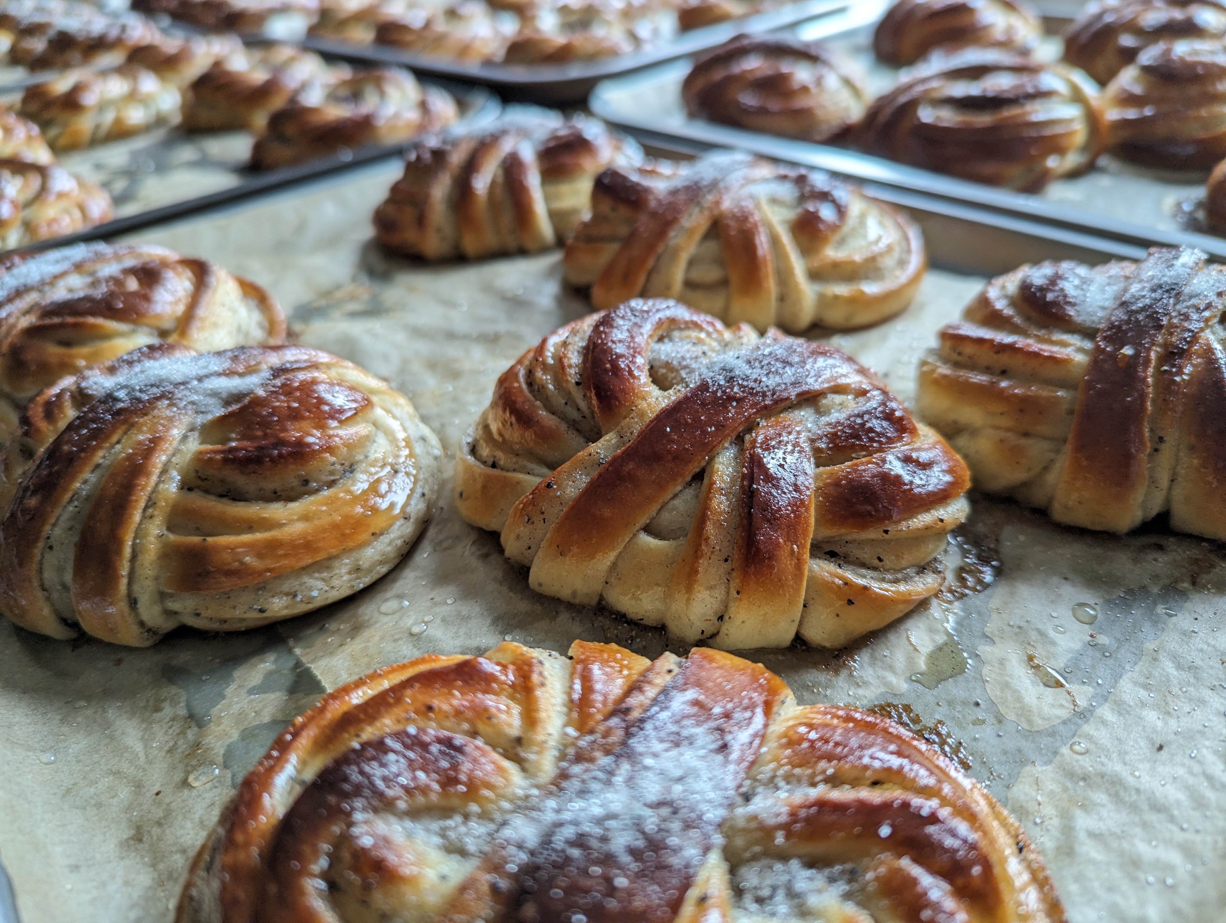 Färska svenska kardemummabullar på bakplåtar, gjorda för att delas vid kaffestunder