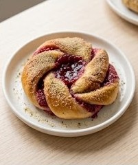 Raspberry Delight bun with raspberry jam centre