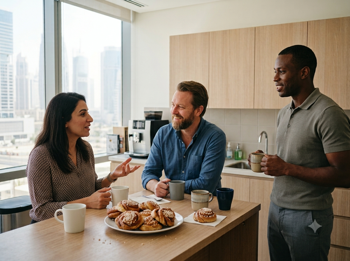 Colleagues sharing coffee and Swedish fika bakes in a workplace kitchen